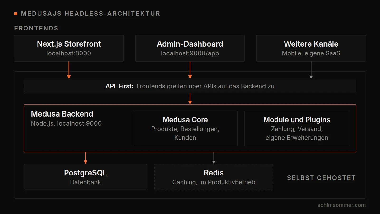 Headless-Architektur von MedusaJS: Next.js Storefront, Admin-Dashboard und weitere Kanäle greifen über APIs auf das Medusa Backend mit Core und Plugins zu, das auf dem eigenen Server mit PostgreSQL und optional Redis läuft